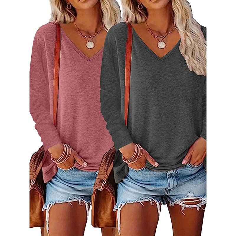 2PCS Womens T Shirts Long Sleeve V Neck Basic Tee Soft Casual Loose Fit Fall Tops Outfits 2025