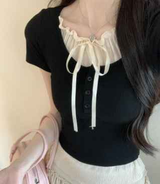 Women's Top With Chest Pad And Wooden Ear Fake Two-piece T-shirts