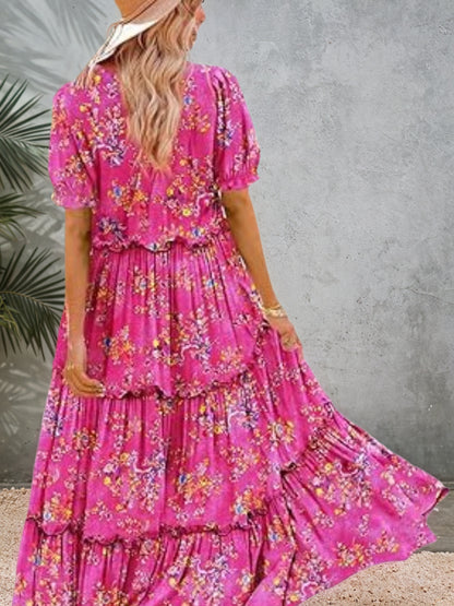 New Summer Casual Bohemian Flower Dress Women’s Bubble Short Sleeve Long Dress With Pocket