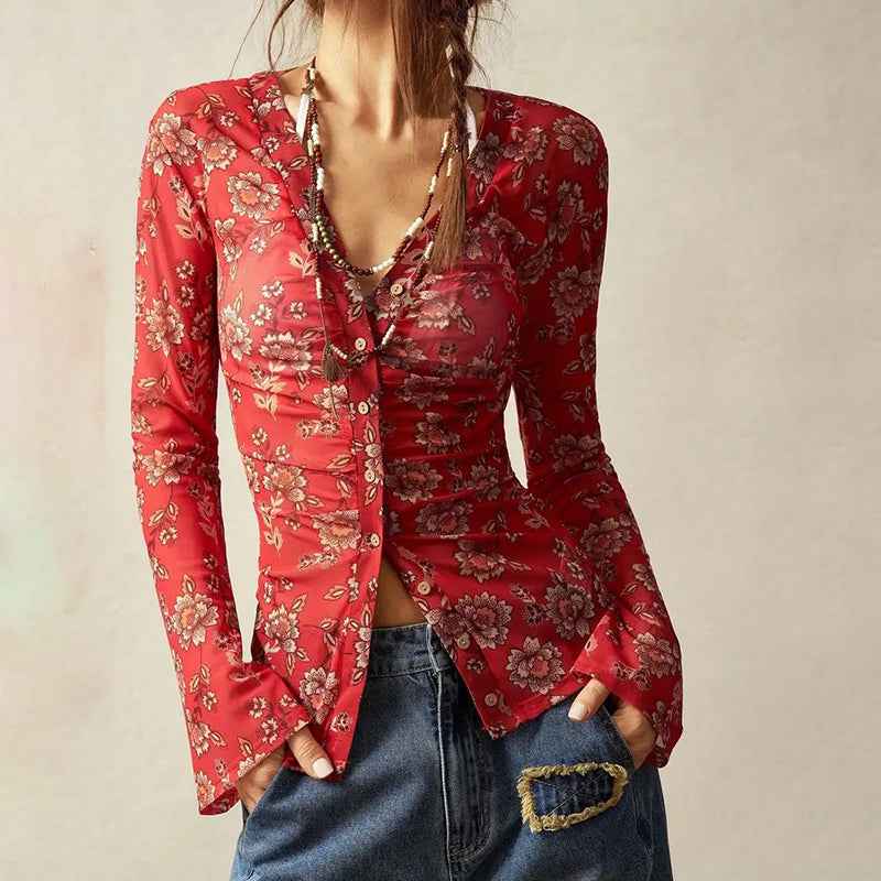 Women Button Down Floral Shirts 2025 Fall Trendy Long Sleeve V Neck Ruched Fitted Blouse Tops