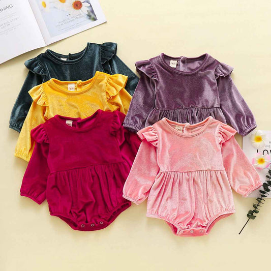 Baby Girl Autumn And Winter Clothing Candy Color Flounced Sleeve Velvet Jumpsuit