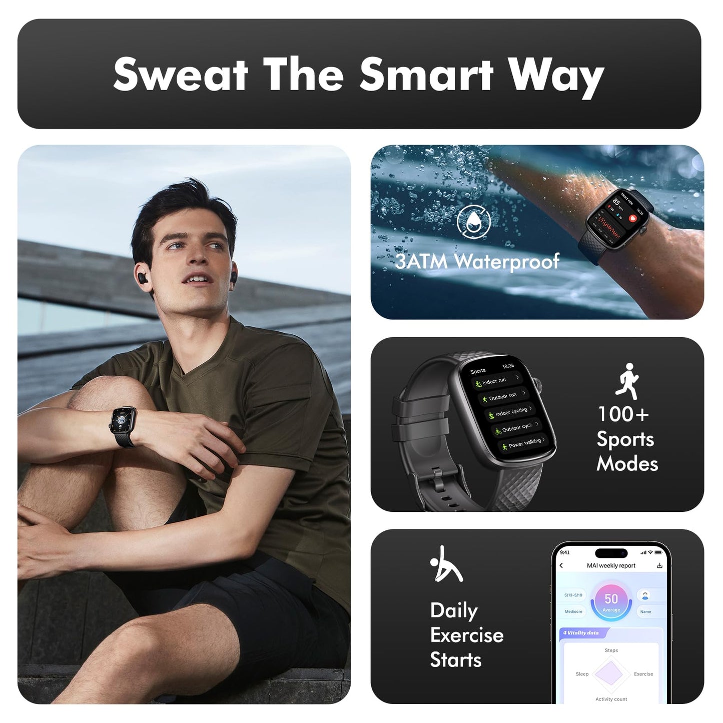 Smart Watch Bluetooth Call &1.95 HD Screen -Heart Rate SpO2 Sleep Monitor, 3ATM Waterproof Fitness Tracker For IoS Android