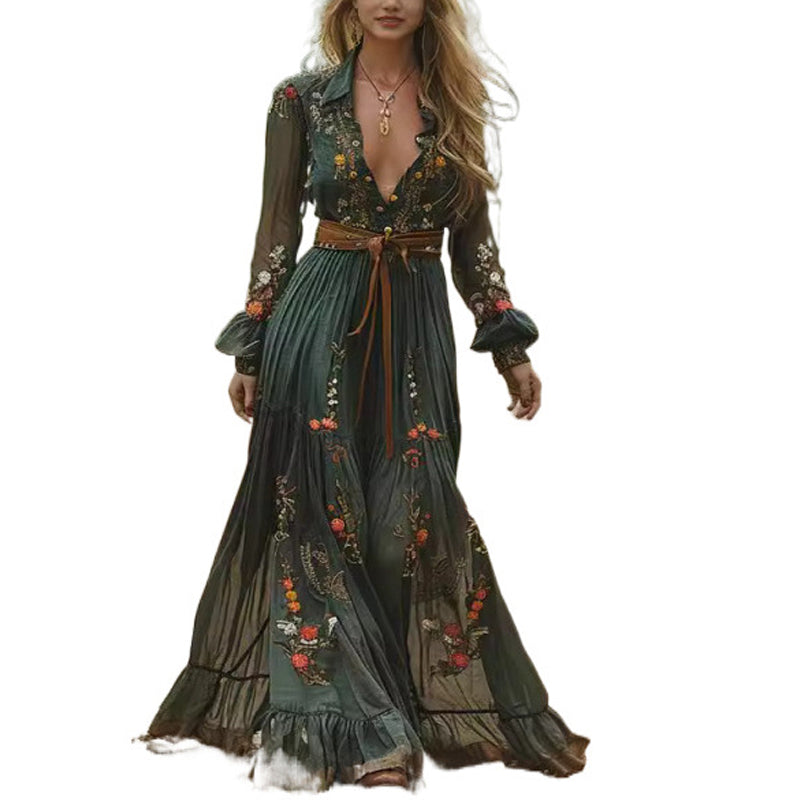 Women's Turn-Down Collar Button-Up Long Sleeve Floral Print Dress With Ruffles Cuffs & Hem Spring Summer Beach Maxi Dress