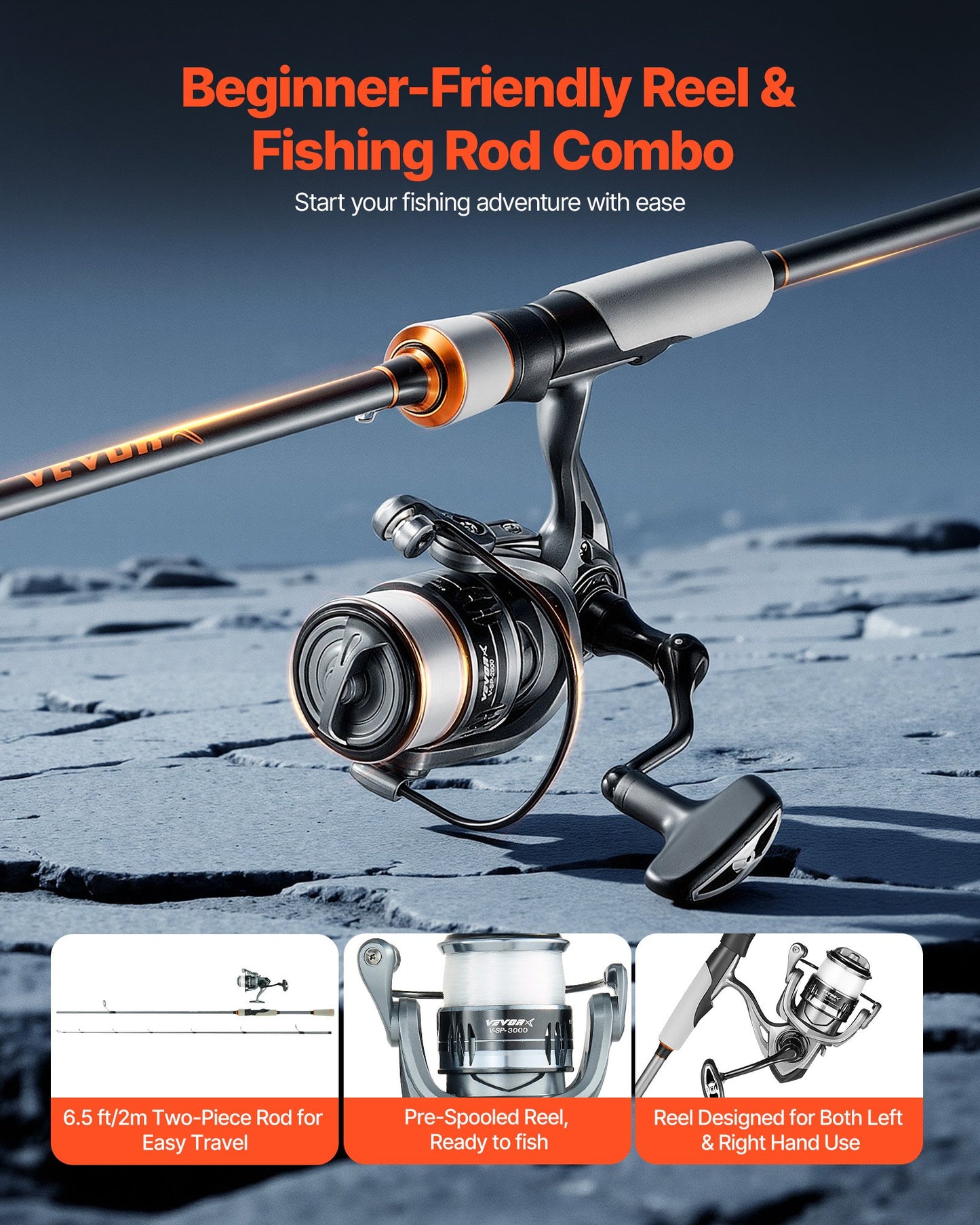 Rod And Fishing Reel Combo, IM6 Carbon Fiber Spinning Rod And Reel Combo, Bass Fishing Pole With 6.5 Ft Two-Piece Rods, 7+1 Ball Bearings, EVA Handle, Stainless Steel Guides With Ceramic Rings
