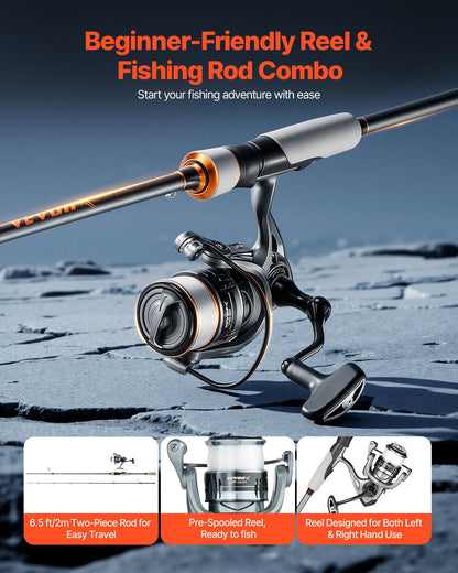 Rod And Fishing Reel Combo, IM6 Carbon Fiber Spinning Rod And Reel Combo, Bass Fishing Pole With 6.5 Ft Two-Piece Rods, 7+1 Ball Bearings, EVA Handle, Stainless Steel Guides With Ceramic Rings