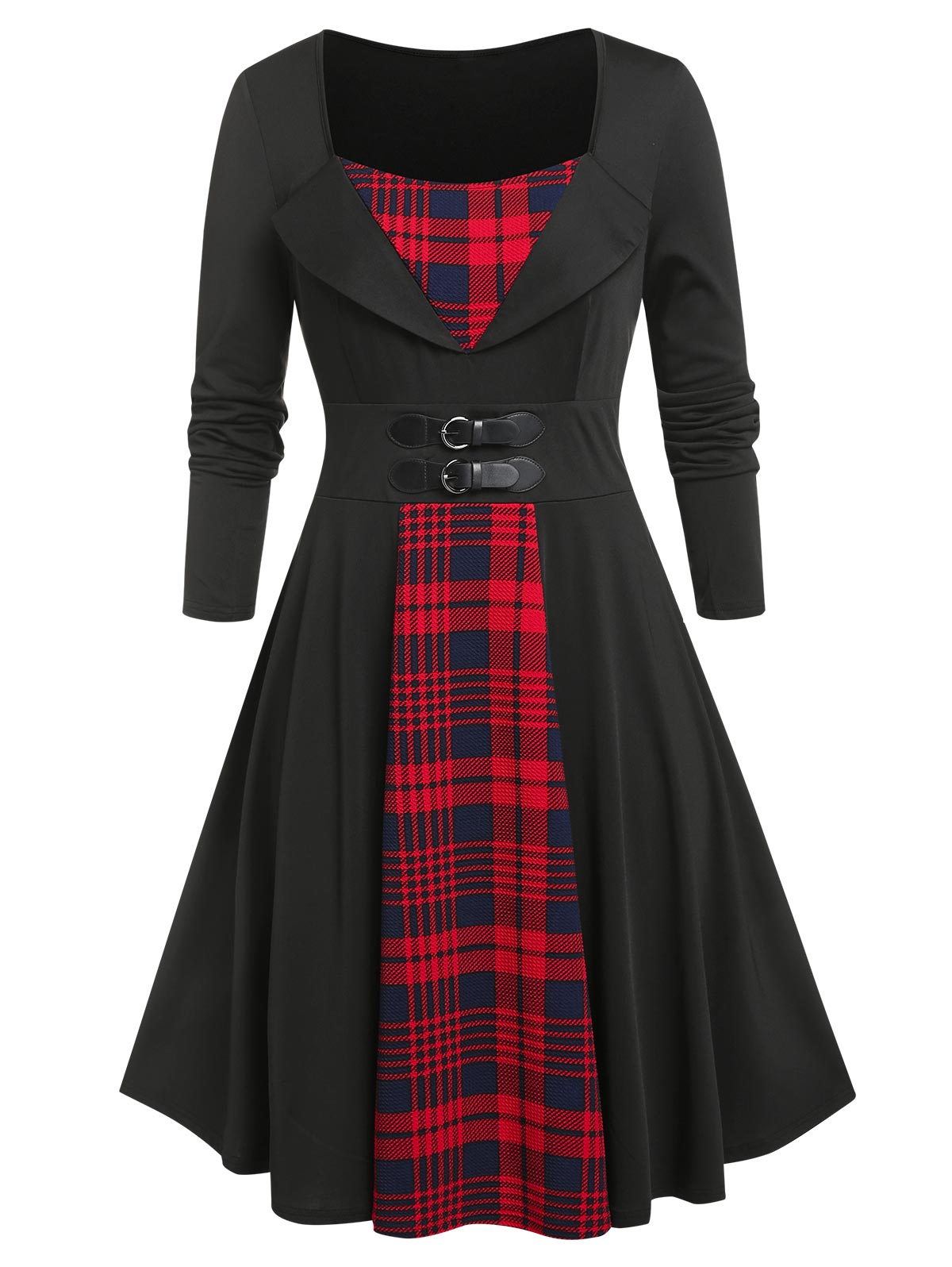 ROSEGAL Plus Size Vintage Plaid Dress Women Winter Fashion High Waist Long Sleeves Rockabilly Swing Dresses Vestidos