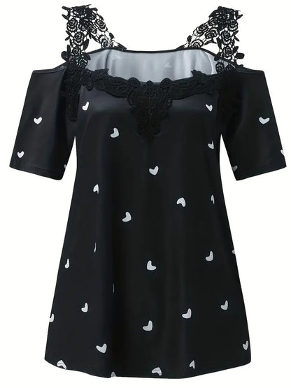 New Summer Short-sleeved Lace Heart Print T-shirt Women's Top