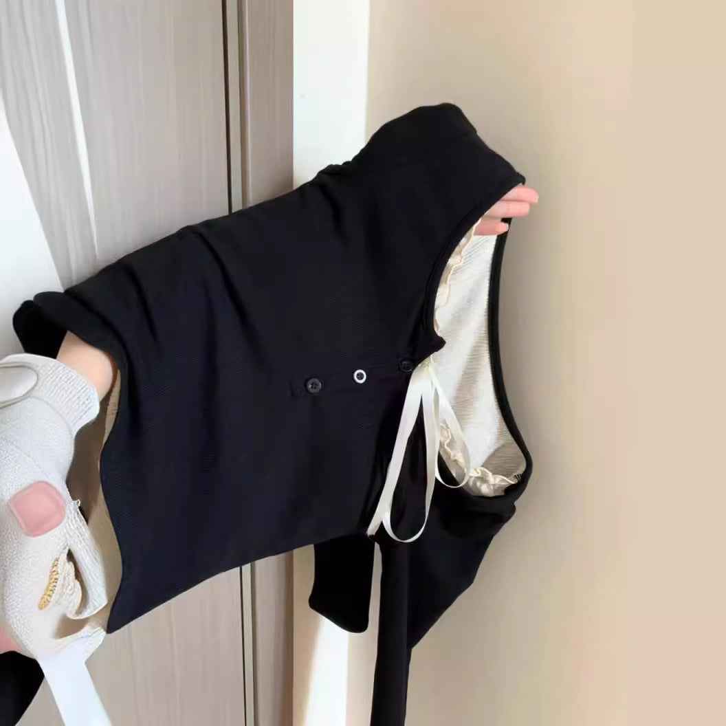 Women's Top With Chest Pad And Wooden Ear Fake Two-piece T-shirts