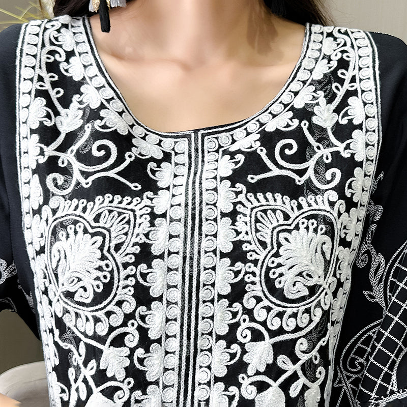 Women's Ethnic Style Floral Embroidered Dress, Elegant 3 4 Sleeve Swing Dress