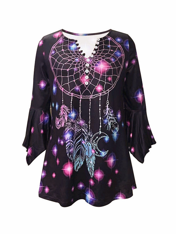 Spring And Autumn New Printed Spike Button Irregular Three-quarter Sleeve T-shirt Casual Top