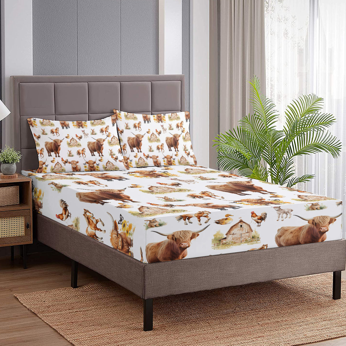 3pcs Little Cow And Duck Pet Theme Children's Fun Style Minimalist Comfort Series Bed Sheet And Two Pillowcases Bedding For All Seasons Use