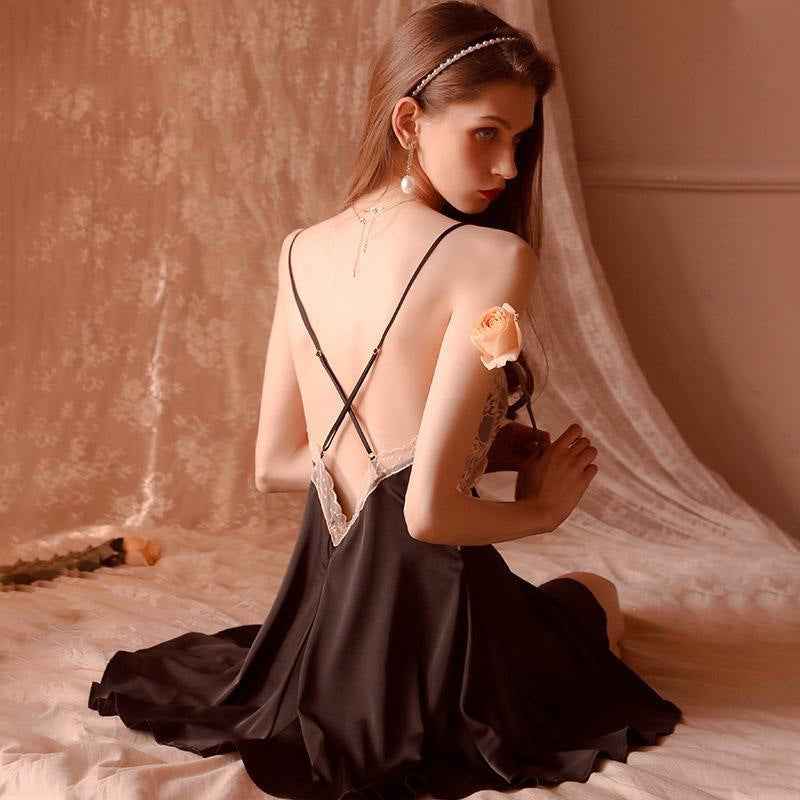 Women's Plus Size Lace Stitching Deep V-neck Ice Silk Sling Night Dress