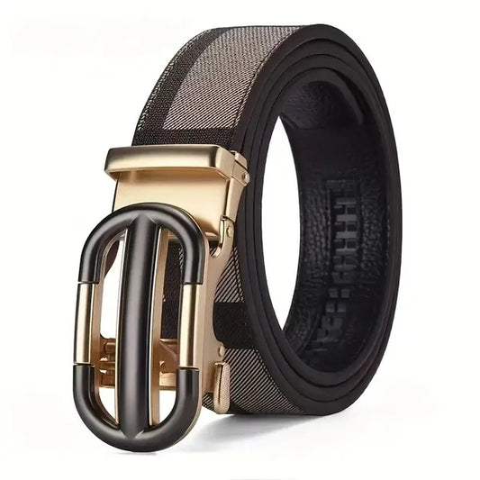 Men's Belt Hollow Alloy Automatic Buckle Printed Men's Belt Versatile High-end Belt Fashion Belt Strong And Durable Men's Belt, Men's Fashion Ratchet Belt, Adjustable Size