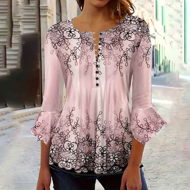 Women's V Neck 3 4 Sleeve T Shirts Button Front Dressy Casual Tees Shirt Tunic Blouses