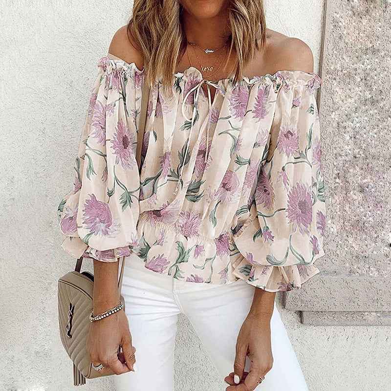 Womens Summer Off Shoulder Blouse Floral Print Ruffle Sleeve Casual Chiffon Tops Shirts