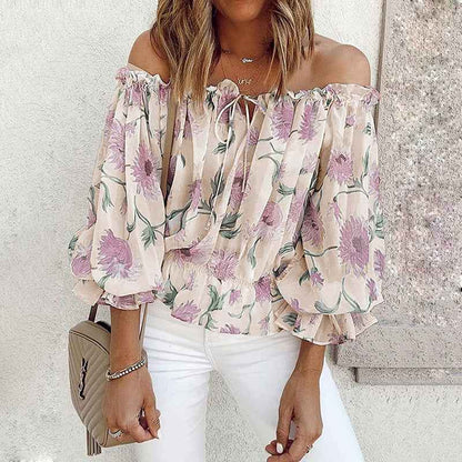 Womens Summer Off Shoulder Blouse Floral Print Ruffle Sleeve Casual Chiffon Tops Shirts