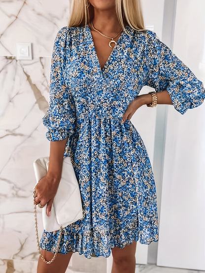 V-neck Printed Dress With Ruffled Sleeves And Waist-exquisite And Elegant Design For Women-perfect For Women's Wear In Spring And Autumn.