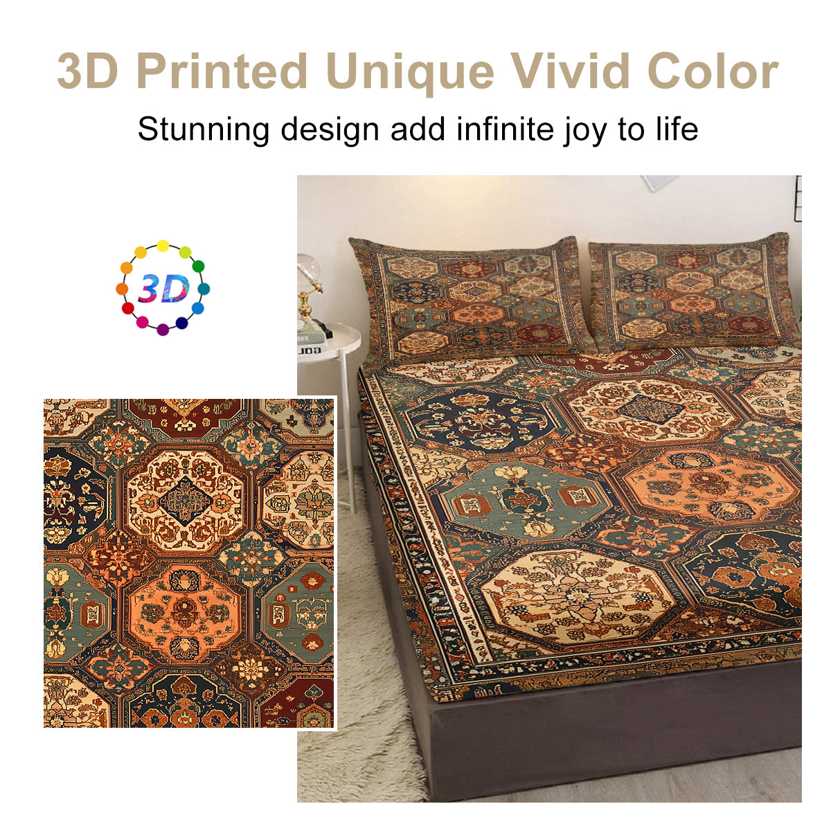 3pcs Retro Bohemian Geometric Style Minimalist Comfort Series Bed Fitted Sheet And Two Pillowcases Bedding For All Seasons Use