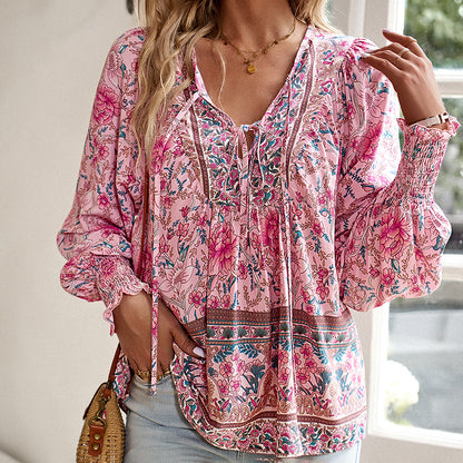 Wpmens Boho Chic Long Sleeve Blouse Floral Print V-Neck Top With Lace-Up & Drawstring Detail Elegant Vacation Shirt