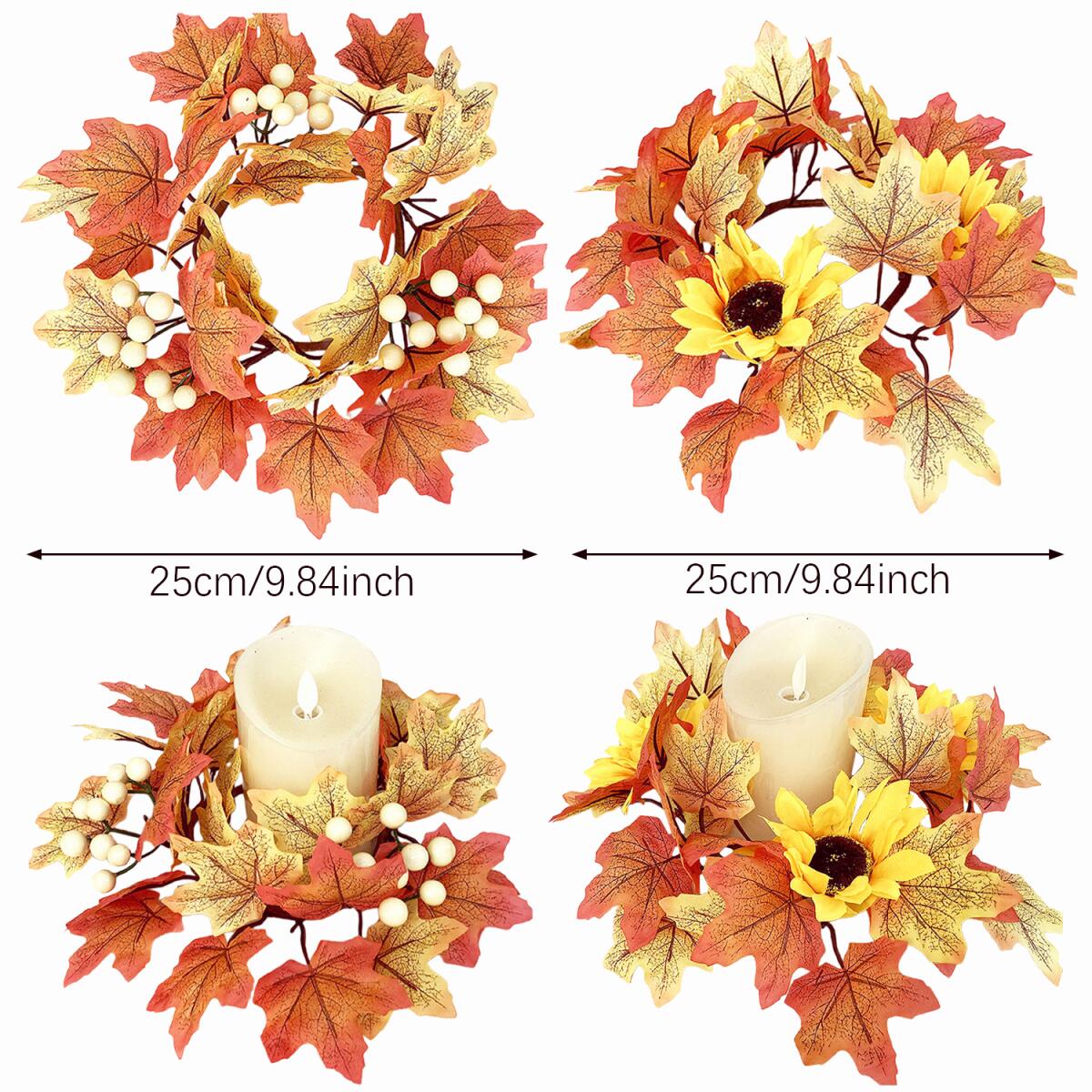 2-Pack 9.8" Fall Candle Ring Wreaths - Maple Leaf & Sunflower Decor