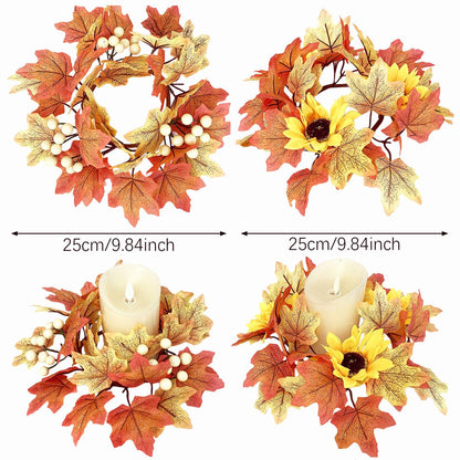 2-Pack 9.8" Fall Candle Ring Wreaths - Maple Leaf & Sunflower Decor