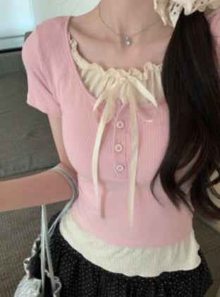 Women's Top With Chest Pad And Wooden Ear Fake Two-piece T-shirts