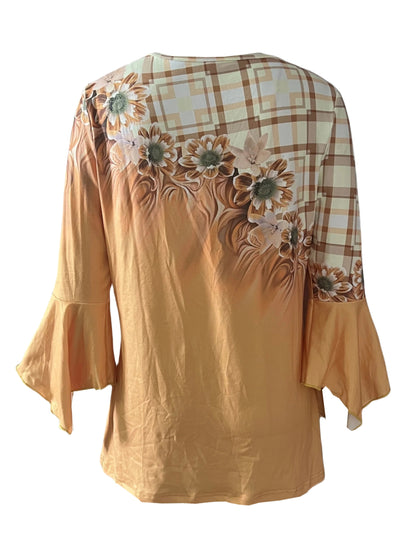 Spring And Autumn New Printed Spike Button Irregular Three-quarter Sleeve T-shirt Casual Top Yellow