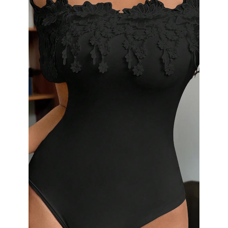 Women's Off Shoulder Short Sleeve Bodysuit Sexy Lace Bodycon Top