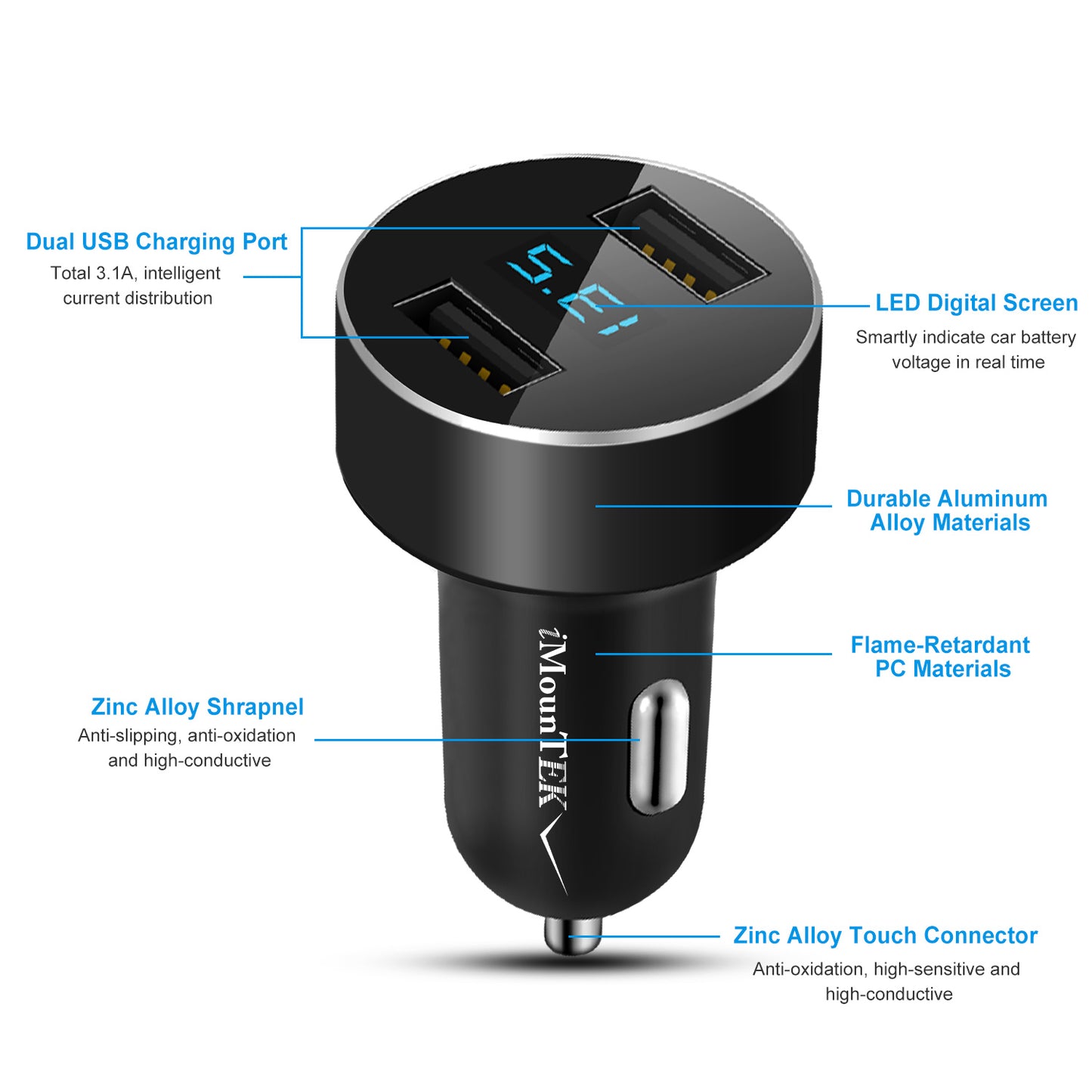 Universal 15W-3.1A Dual USB Car Charger Adapter Aluminum Alloy Fast Car Charging Adapter For IOS Phone XR XS Tablet PC