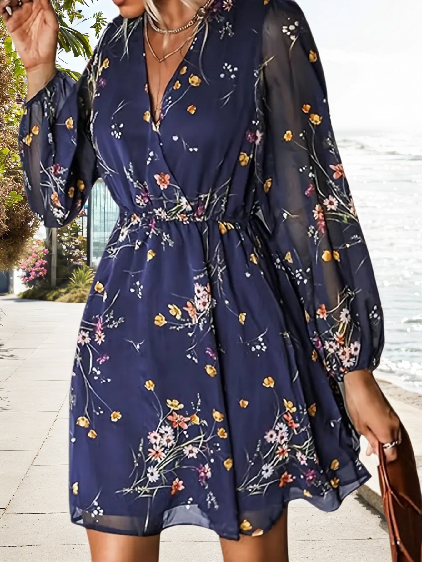 Women’s New Dress, V-neck Chiffon Long, Elegant Countryside Sleeves, Casual Style, Fashionable And Beautiful