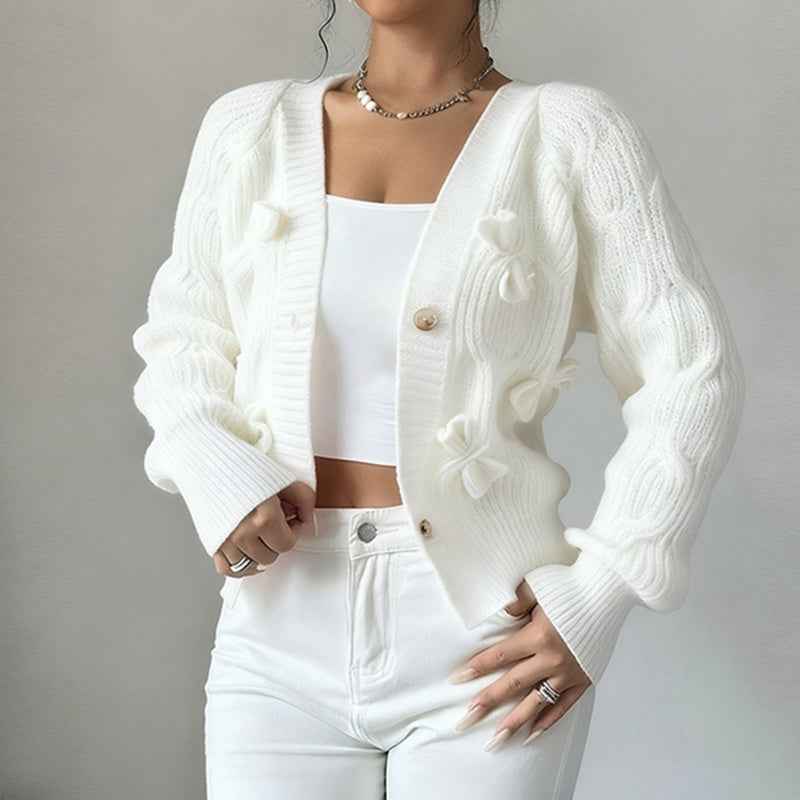 Women's Bow Cropped Cardigan - Long Sleeve V-Neck Button Down Knit Sweater Top