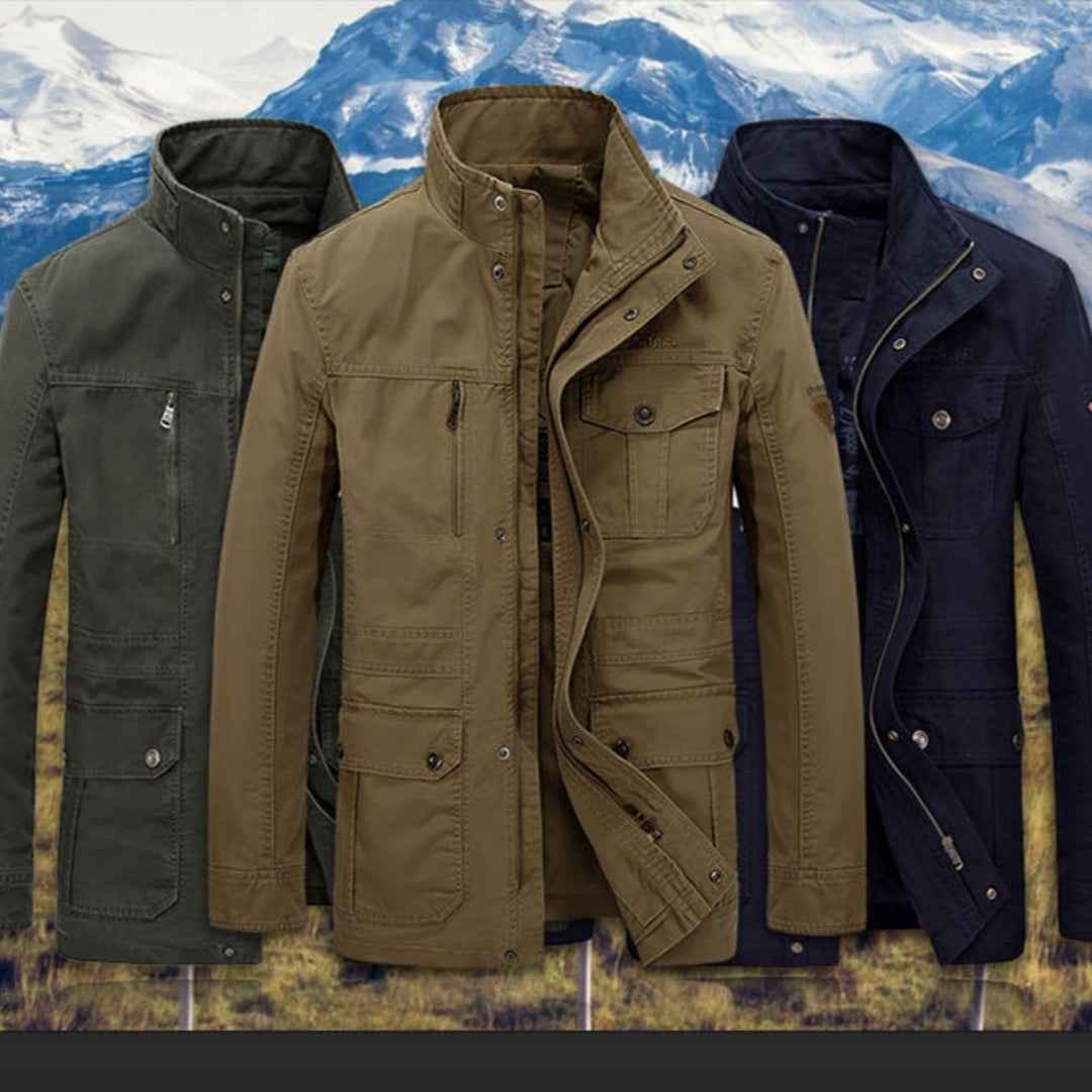 Men's Stand Collar Mid-length Multi-pocket Casual Jacket