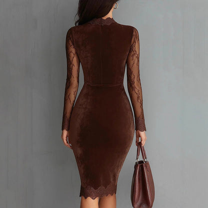 Women's Solid Color Sexy Lace Trim Bodycon Midi Dress, Long Sleeve Party Dress For Spring Autumn Evenings