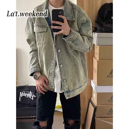 Washed Workwear Retro Denim Jacket For Men