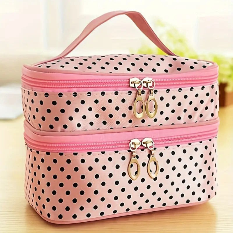 Stylish Double Layer Polka Dot Makeup Bag with Handle & Brush Holder, Compact Toiletry Organizer for Women’s Travel & Beauty E - AMULET RING STORE