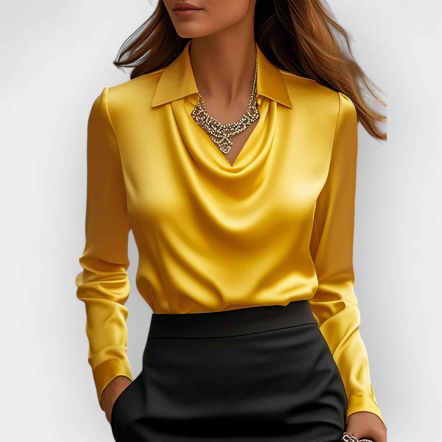 Women's Swing Collar Draped Shirts & Blouses Elegant Solid Satin Office Ladies Top Pullover Spring Long Sleeve Casual Tops