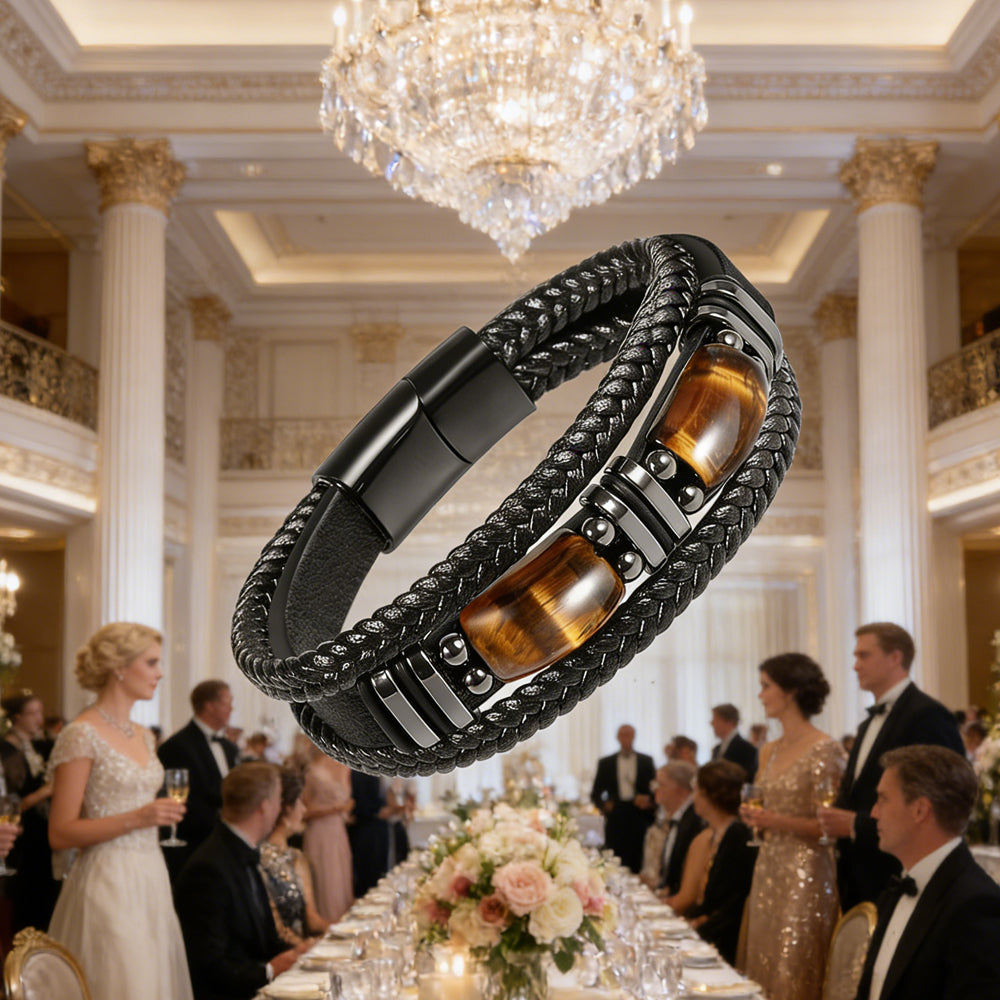 Handmade Tiger Eye Stone & Leather Braided Bracelet - Unisex Healing Jewelry