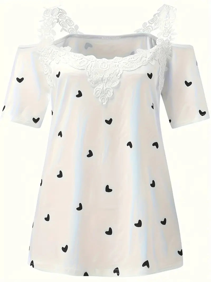New Summer Short-sleeved Lace Heart Print T-shirt Women's Top