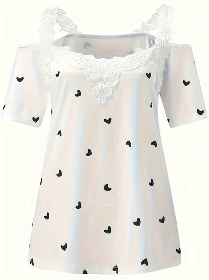 New Summer Short-sleeved Lace Heart Print T-shirt Women's Top