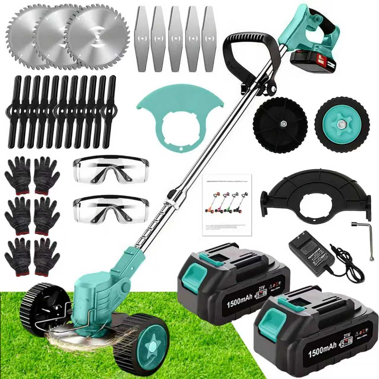 21V Cordless 3-in-1 Electric Weed Eater with Wheels & 2 Batteries