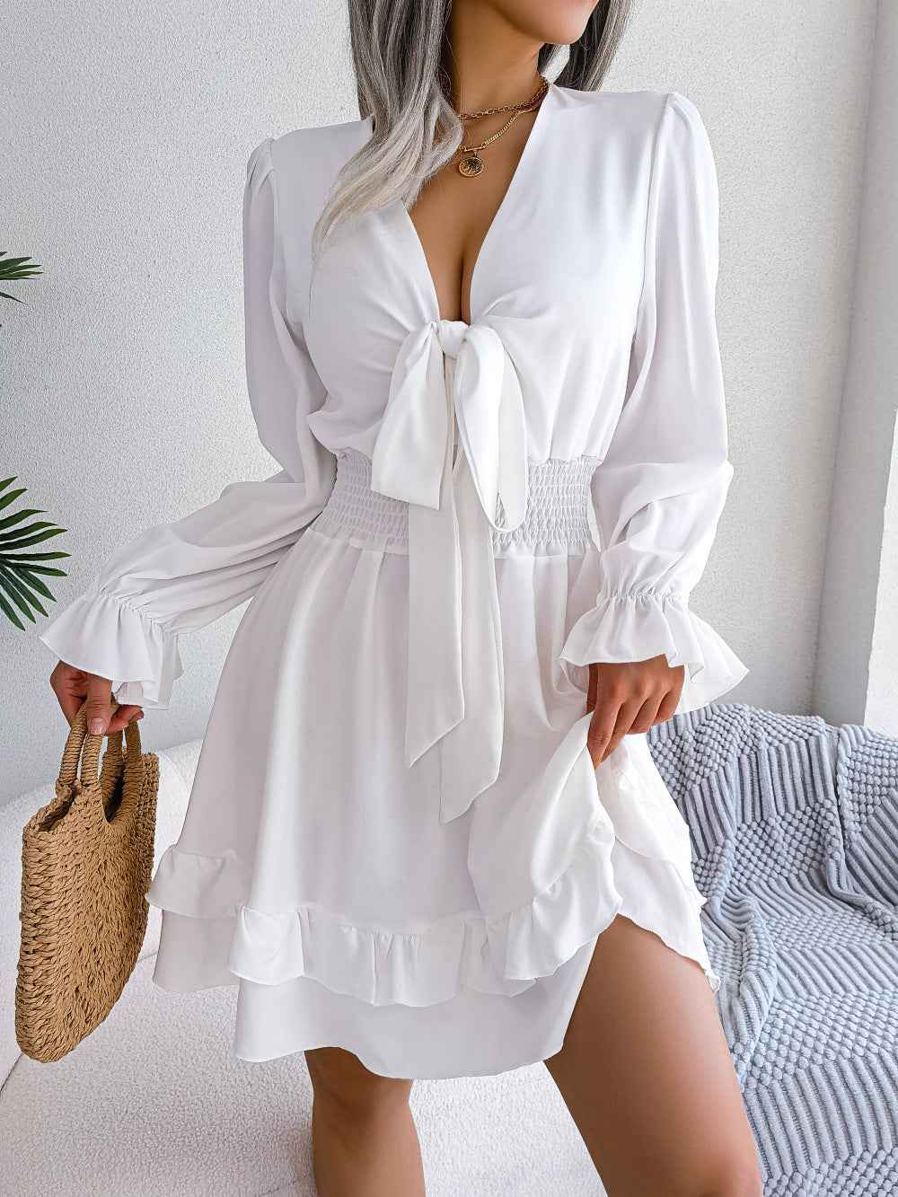 Summer Dresses Solid Color V-neck Long Sleeve Dress For Women Sexy V-neck Lace Up A-line Dress Women's Beach Dress