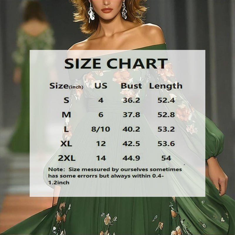 Women's Green Off-Shoulder Floral Print Dress With Puff Sleeves - Flowy A-Line Maxi Evening Dress