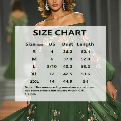 Women's Green Off-Shoulder Floral Print Dress With Puff Sleeves - Flowy A-Line Maxi Evening Dress