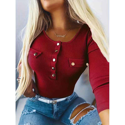 Womens Long Sleeves Ribbed Knit Tunic Shirts Scoop Neck Button-Up Tops Slim Fit Blouses