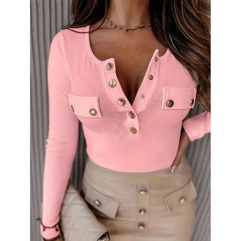 Womens Long Sleeves Ribbed Knit Tunic Shirts Scoop Neck Button-Up Tops Slim Fit Blouses