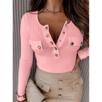 Womens Long Sleeves Ribbed Knit Tunic Shirts Scoop Neck Button-Up Tops Slim Fit Blouses