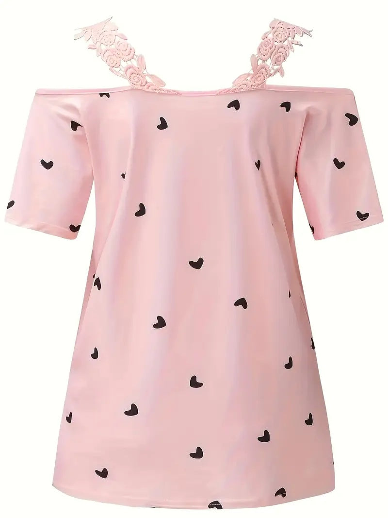 New Summer Short-sleeved Lace Heart Print T-shirt Women's Top