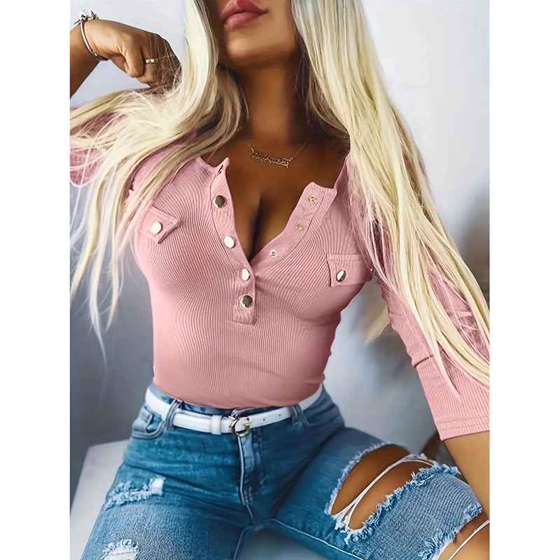 Womens Long Sleeves Ribbed Knit Tunic Shirts Scoop Neck Button-Up Tops Slim Fit Blouses