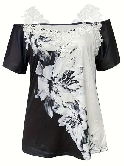 Spring Summer New Floral Print V-neck T-shirt Lace Casual Off-the-shoulder Short-sleeved Top