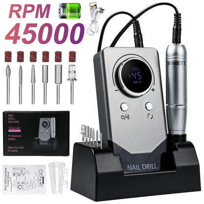 Electric 45000RPM Nail Drill Machine Rechargeable Portable Nail File Electric DIY Nail Drill Kit With Smart LCD Screen For Gel Nail Manicure And Pedicure Reflective Body Etc
